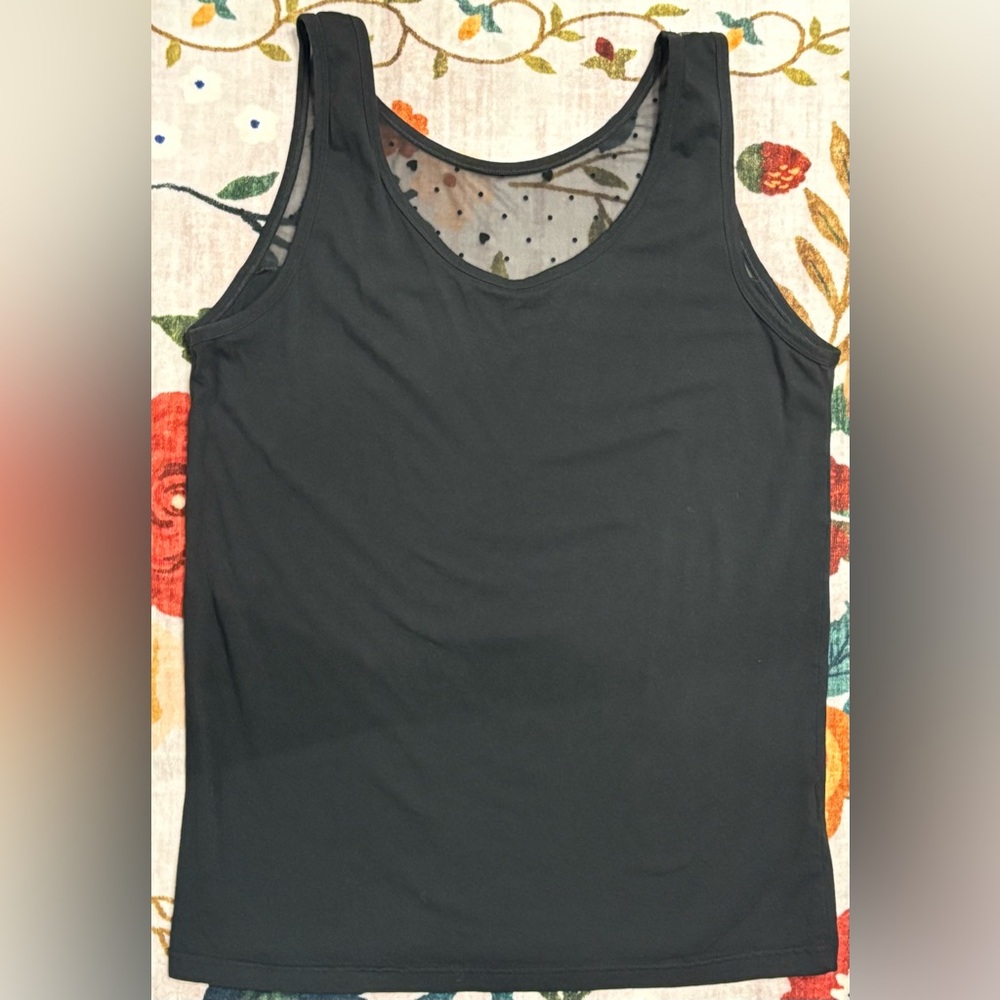 Ulla Popken Black Sleeveless Tank with Sheer Polka-Dot Yoke